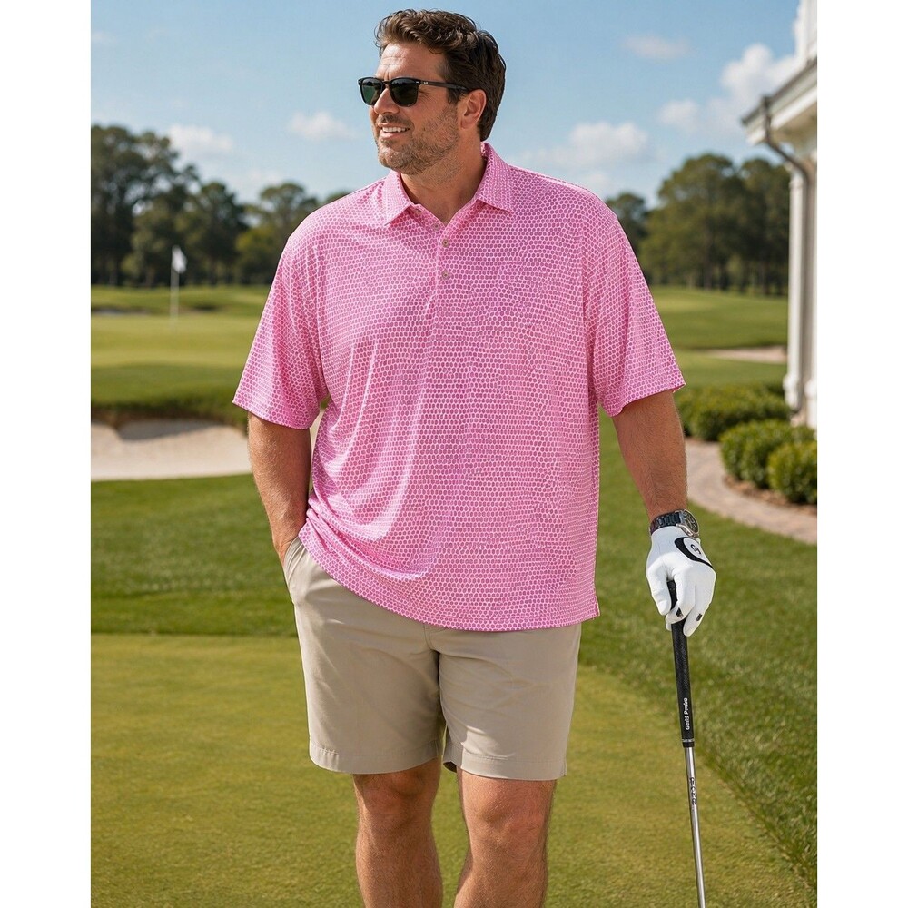 Peter Millar Seaside Wash Polo Shirt Men XXL 2XL Pink Geometric Print Golf Chic
